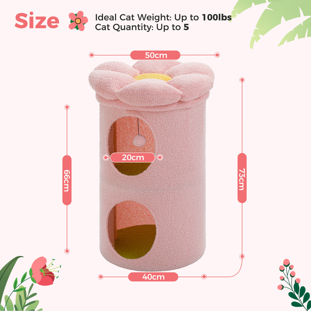 Pink Flower Cat Tree with 2 Hideaway Condos & Soft Perch, 73 cm / 28.7 in Tall