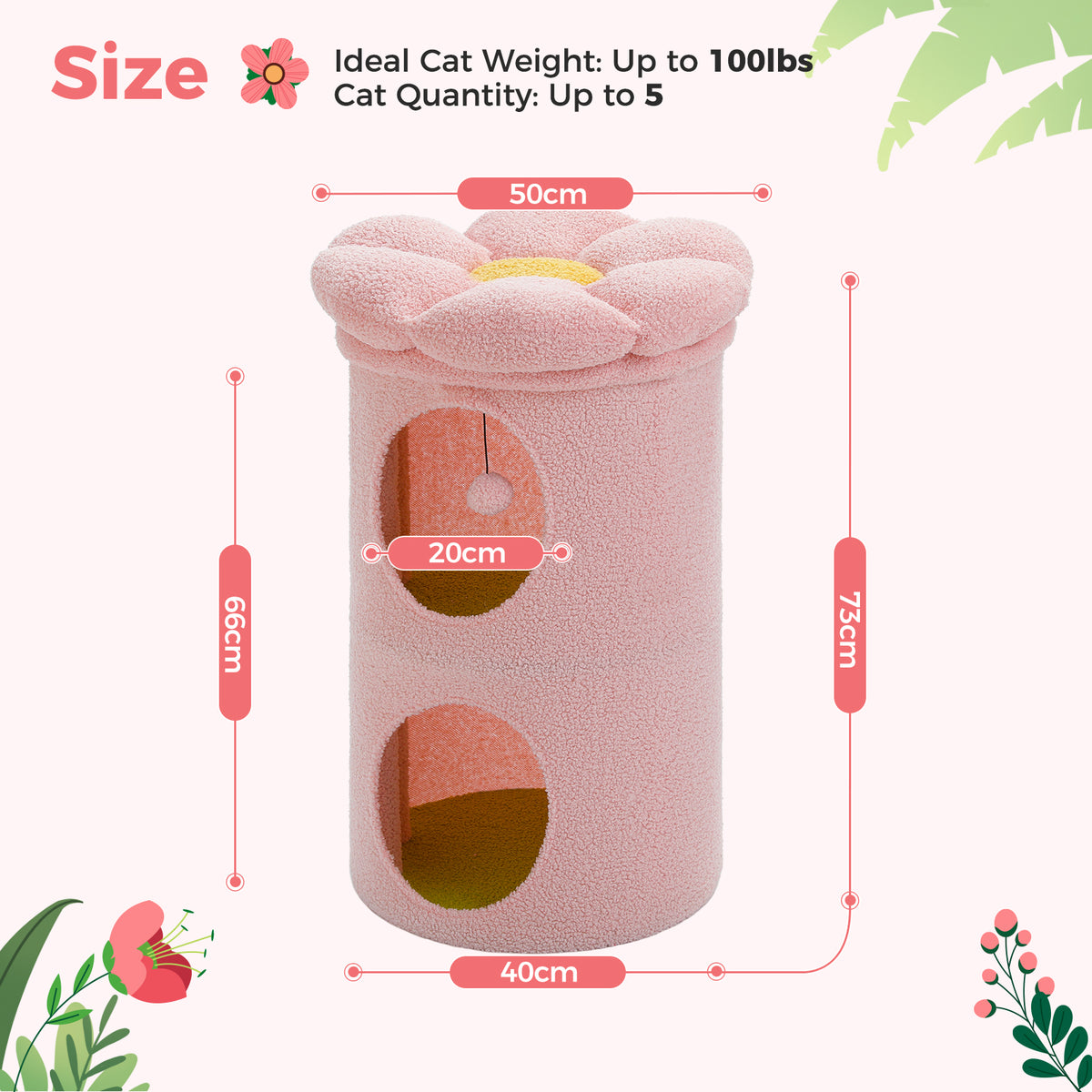 Pink Flower Cat Tree with 2 Hideaway Condos & Soft Perch, 73 cm / 28.7 in Tall