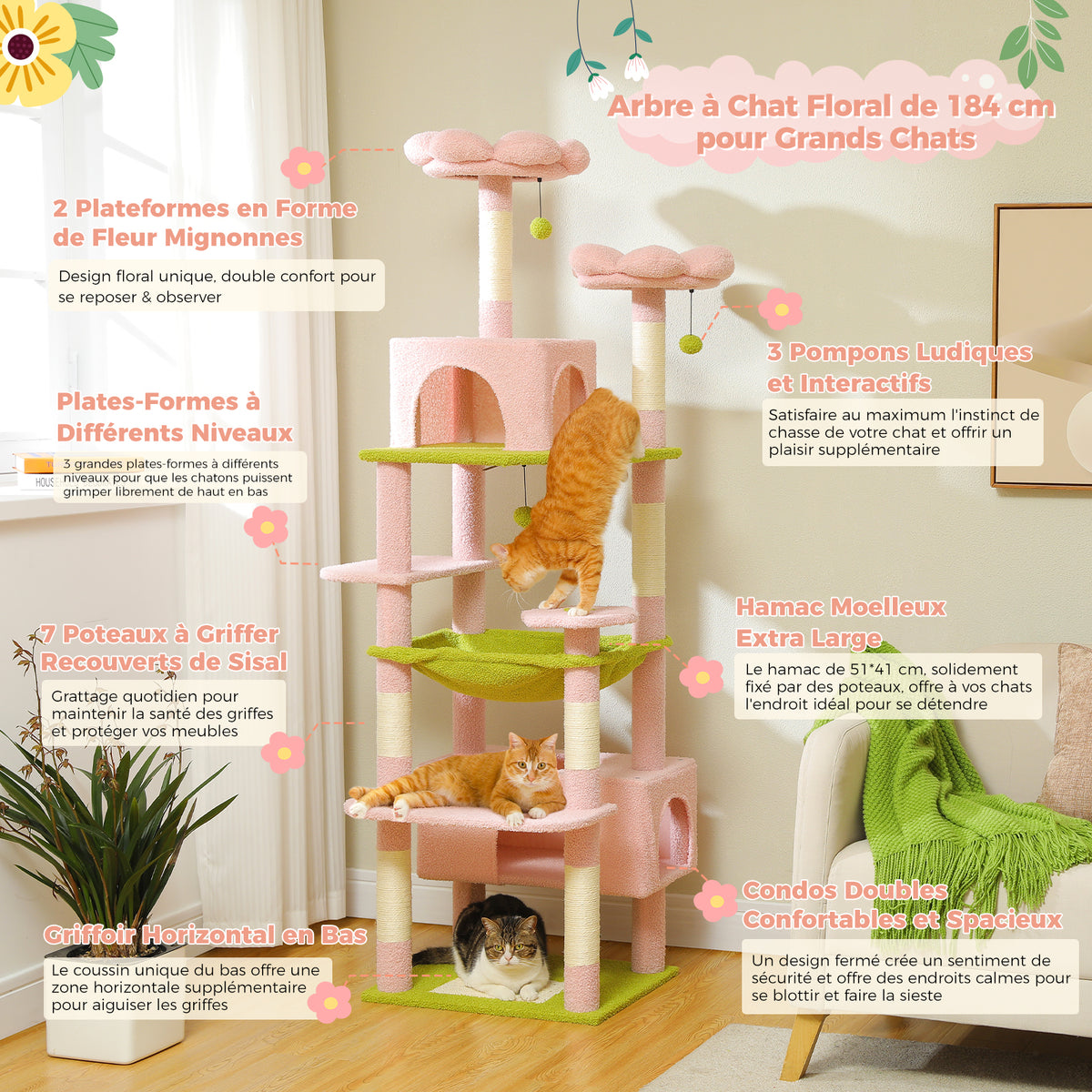 184 cm Floral Cat Tree with 3-Door Condo, XL Hammock, Sisal Scratch Posts & Flower Beds