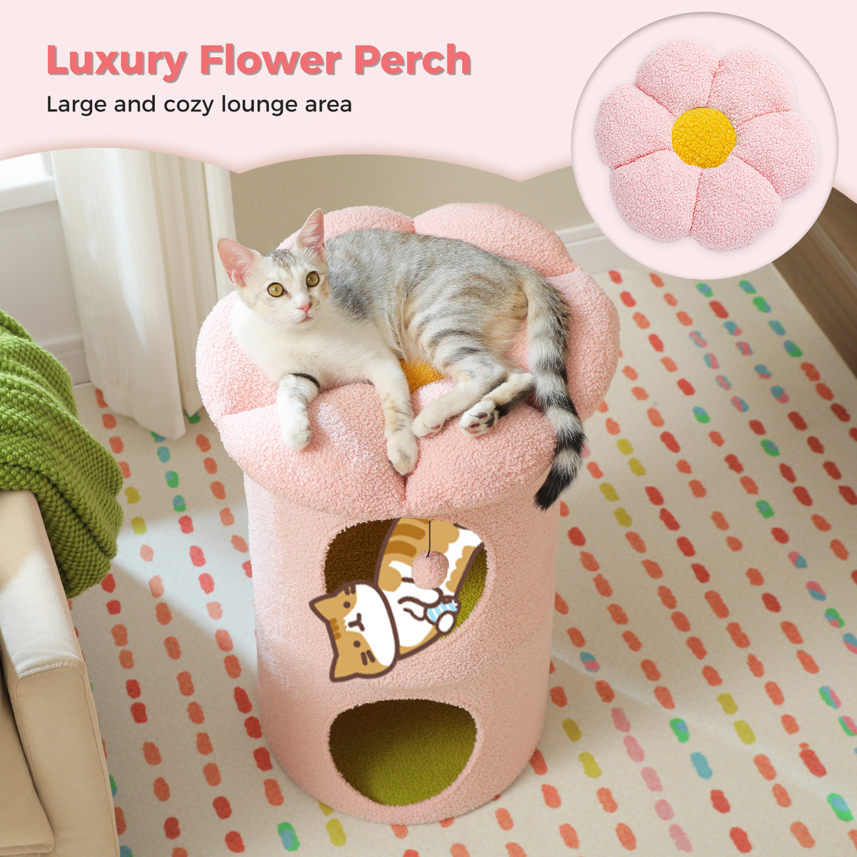 Pink Flower Cat Tree with 2 Hideaway Condos & Soft Perch, 73 cm / 28.7 in Tall