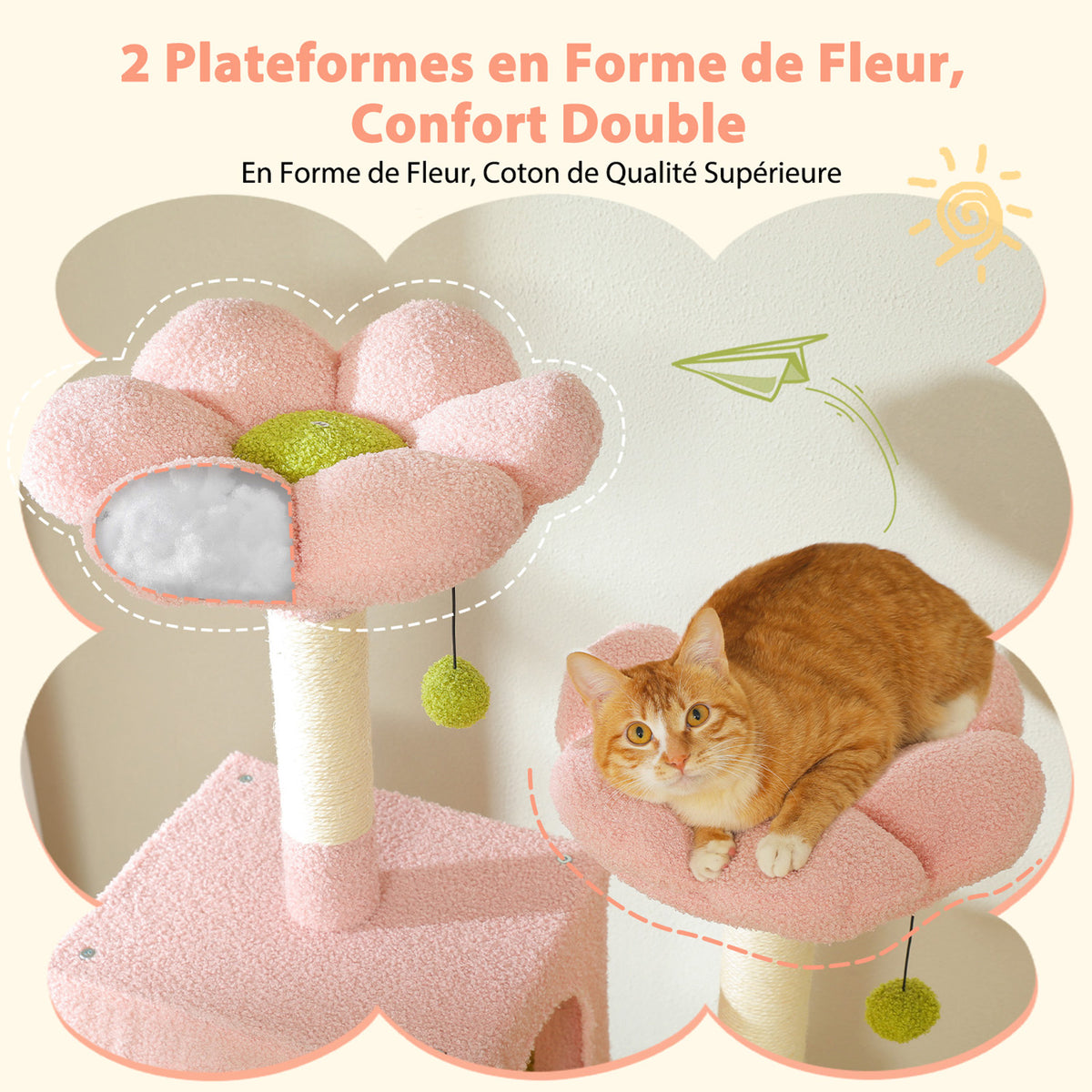 184 cm Floral Cat Tree with 3-Door Condo, XL Hammock, Sisal Scratch Posts & Flower Beds