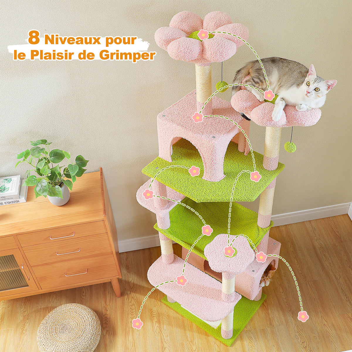 184 cm Floral Cat Tree with 3-Door Condo, XL Hammock, Sisal Scratch Posts & Flower Beds