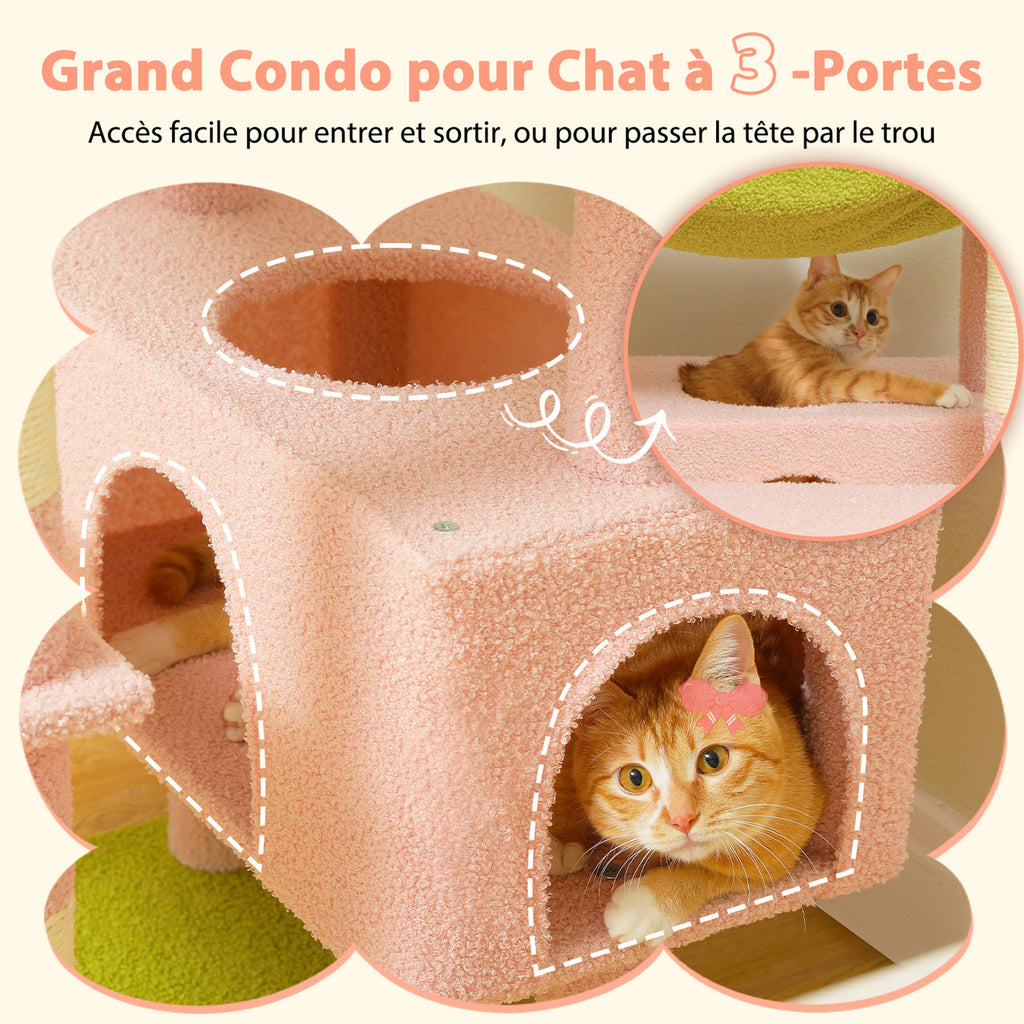 184 cm Floral Cat Tree with 3-Door Condo, XL Hammock, Sisal Scratch Posts & Flower Beds