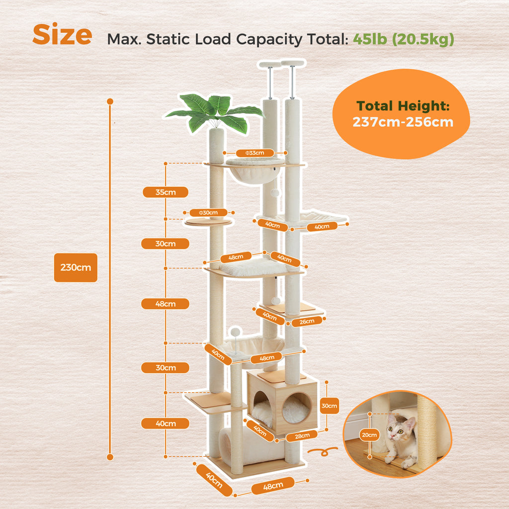 Adjustable Floor-to-Ceiling Cat Tree, 237–256 cm / 93.3–100.8 in, with Acrylic Bowl, Condo & Sisal Posts