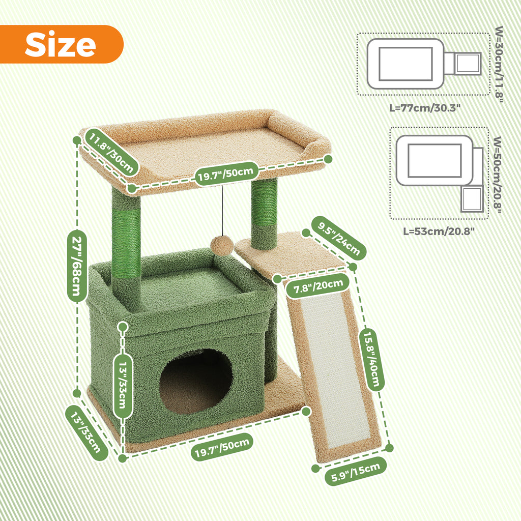 Convertible Cat Tree with Large Top Perch, Condo & Sisal Scratching Ramp – 68 cm / 27 in, Green & Beige