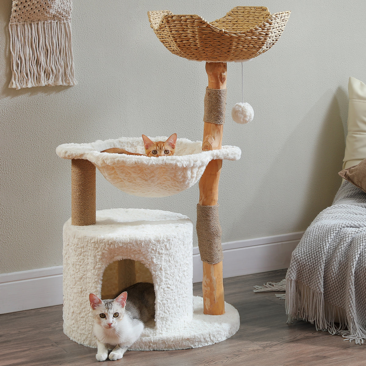 Natural Wood Cat Tree with Condo, Sisal Scratchers & Hammock – 102 cm – Choose Plush or Rattan Top Bed
