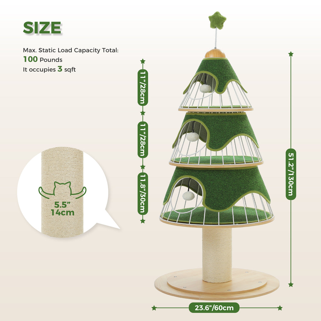 Green Christmas Tree Cat Tower, 130 cm Tall with 3 Platforms, Metal Frame, Sisal Scratching Post & 10 DIY Ornaments