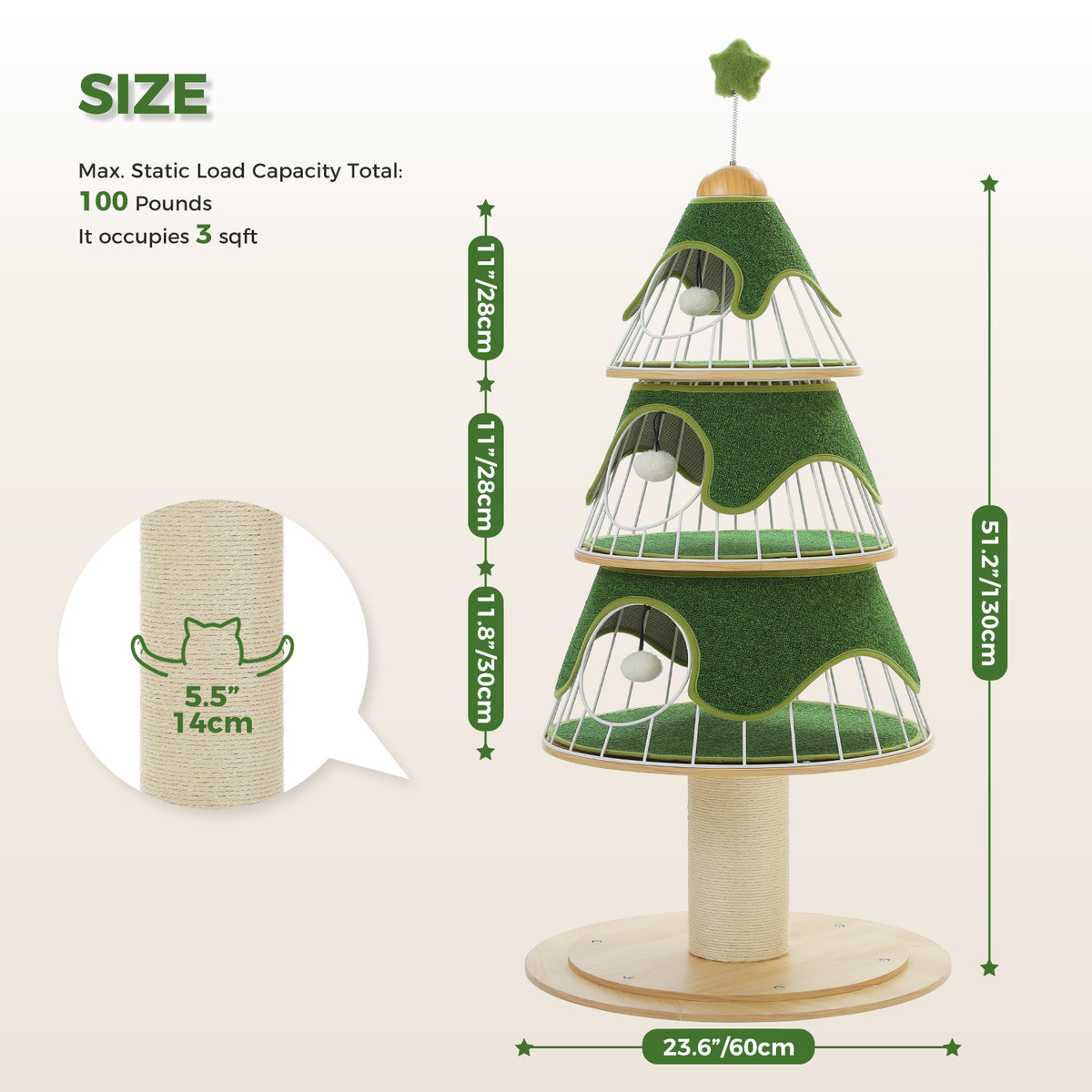 Green Christmas Tree Cat Tower, 130 cm Tall with 3 Platforms, Metal Frame, Sisal Scratching Post & 10 DIY Ornaments