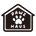 A house-shaped dog house logo or sign with the words 'PAWZ HAUS' and a white paw print in the center, shown on a plain white background.