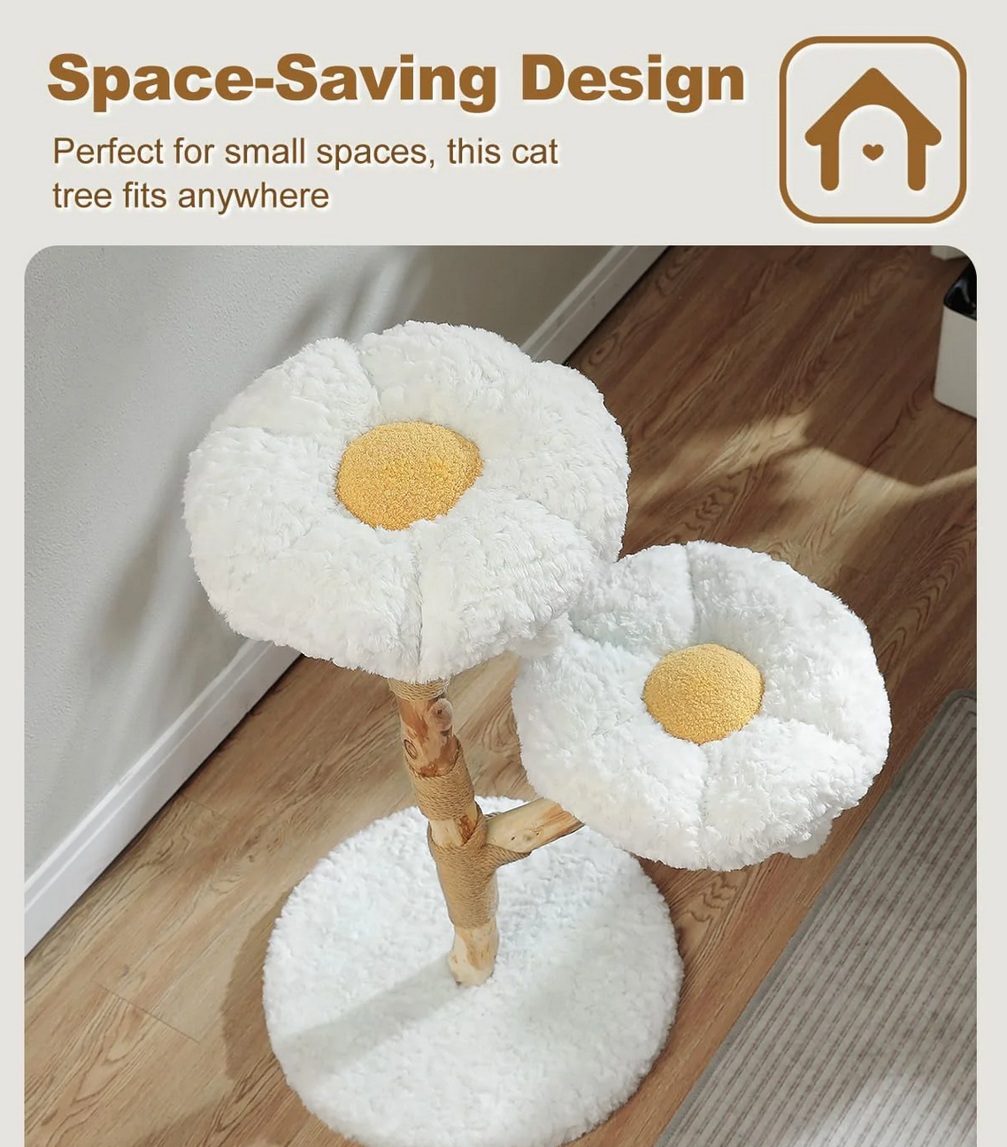 Cat tree with white cushioned platforms on a wooden floor