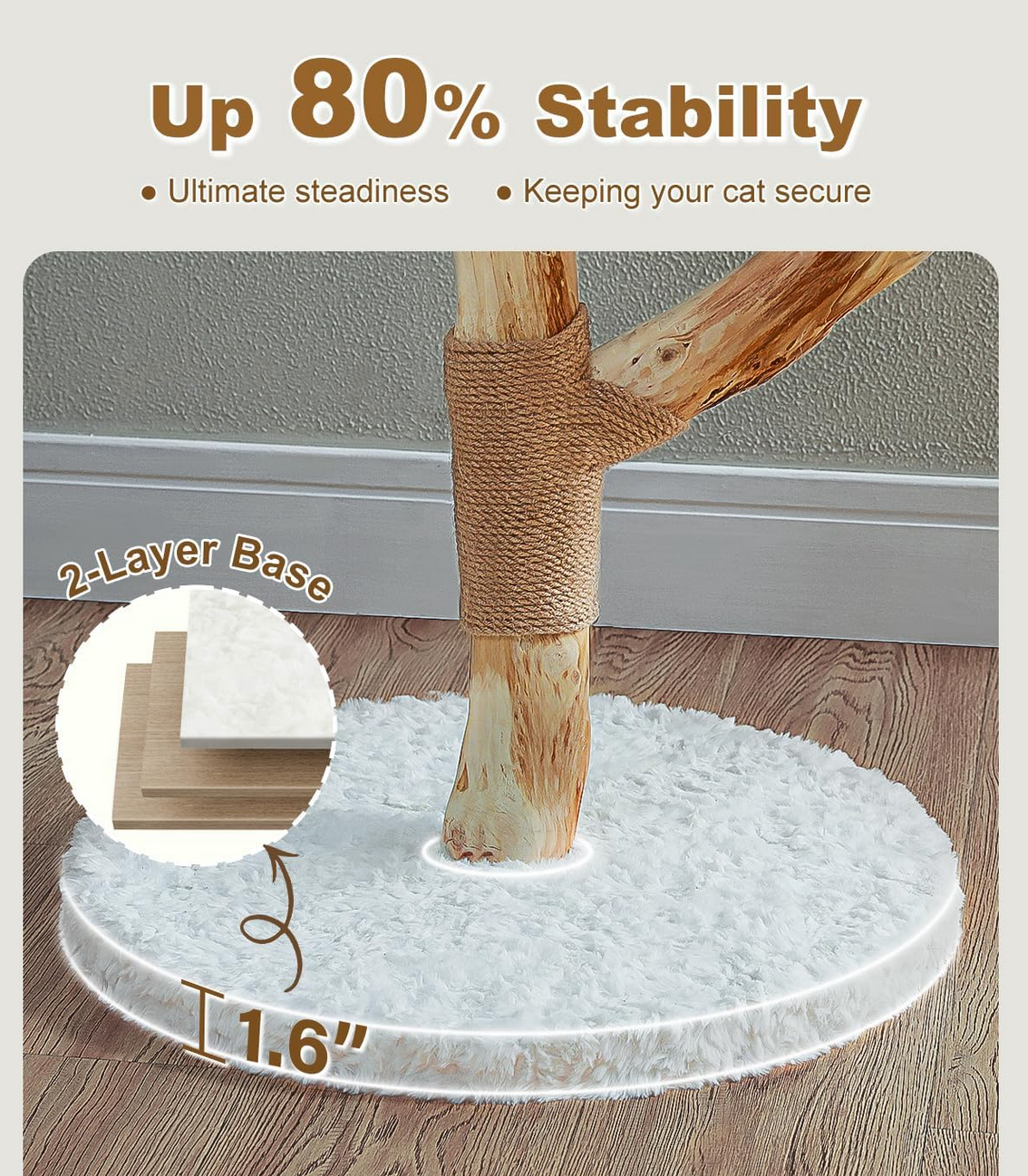 Cat tree with a 2-layer base and stability features on a wooden floor.