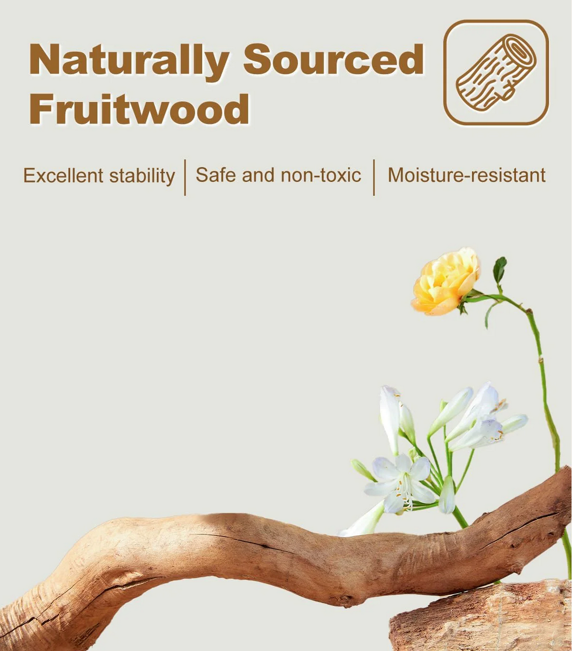 Naturally sourced fruitwood with flowers on a light background
