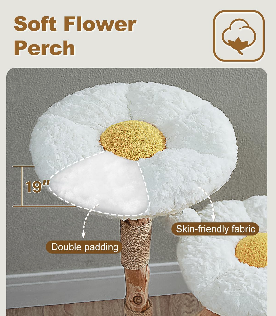 Flower-shaped soft perch with double padding and skin-friendly fabric on a neutral background